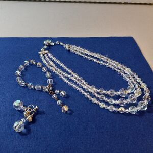 Vinatage Three strand Aurora Borealis Graduated Necklace, Bracelet & Earrings